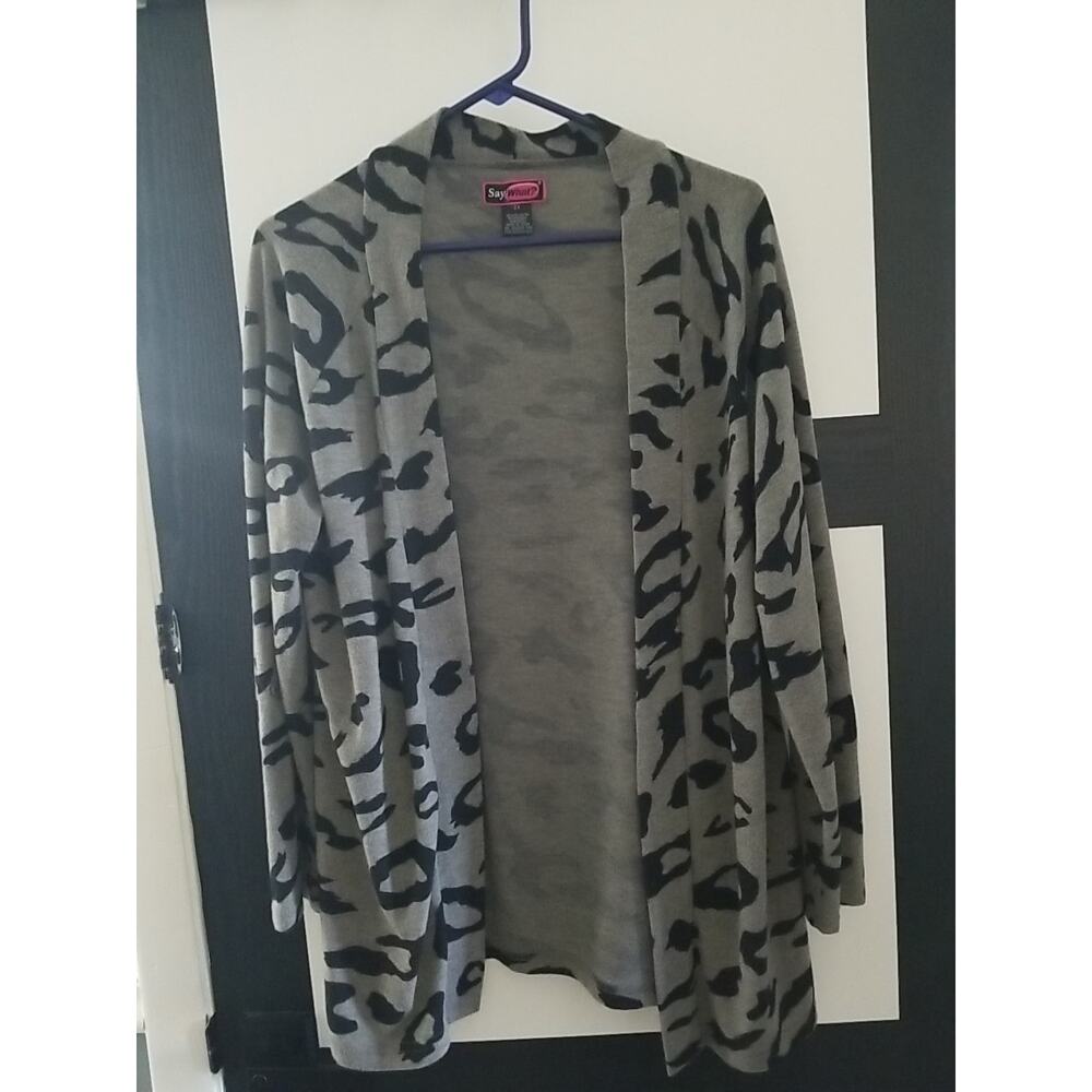 Vtg Say What? Women's 2x Open Acrylic Knit Grey And Black Cardigan